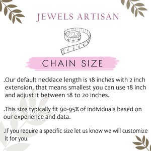 Puede incluir: Un gr&aacute;fico que muestra una cinta m&eacute;trica con el texto "JEWELS ARTISAN" y "CHAIN SIZE". El texto a continuaci&oacute;n explica que la longitud est&aacute;ndar del collar es de 18 pulgadas con una extensi&oacute;n de 2 pulgadas, y se puede ajustar entre 18 y 20 pulgadas.