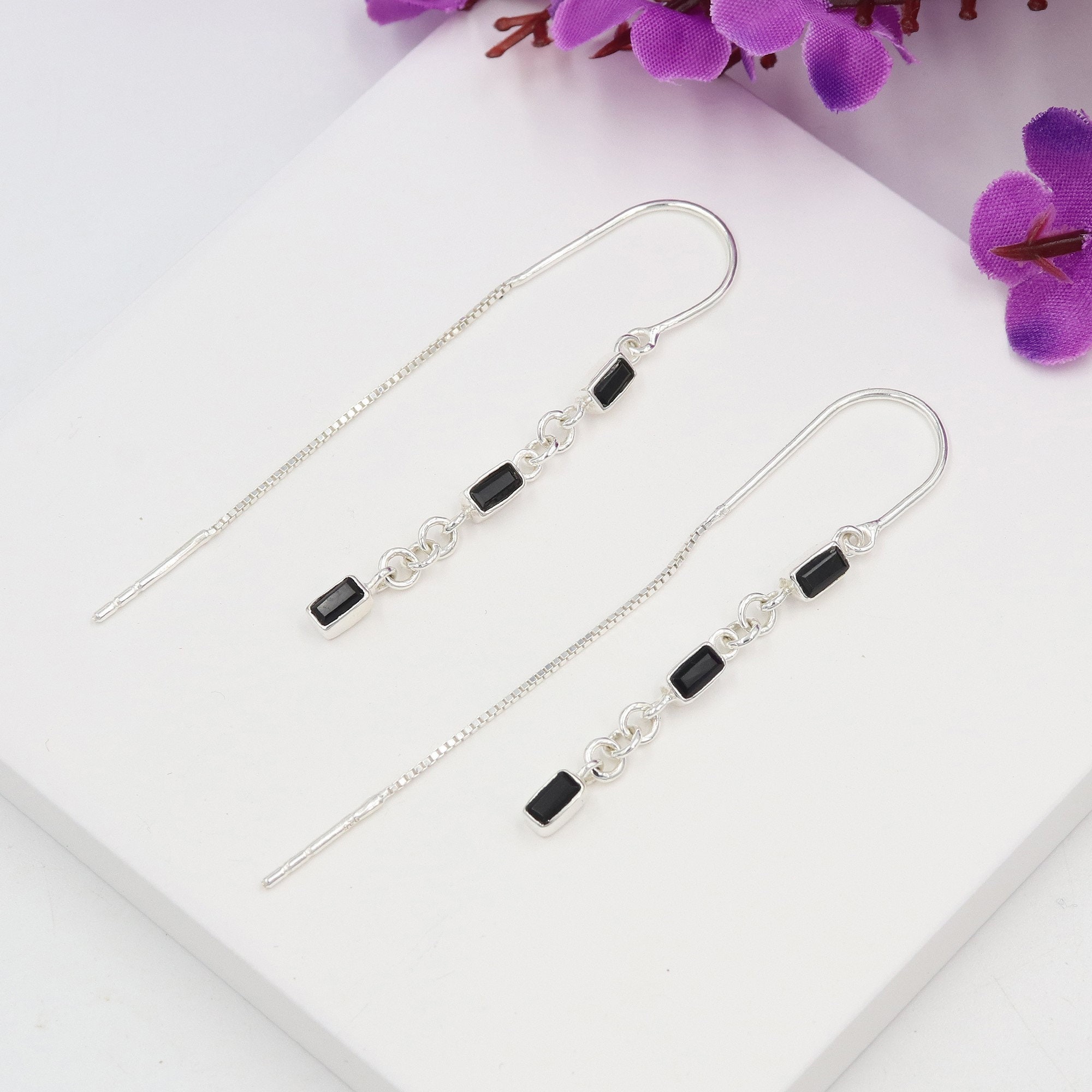 Threader Earrings, Solid Silver Earrings, Earrings For Women, Black Onyx Earrings, Earrings For Girls, Gemstone Earrings, Best Gift For Her