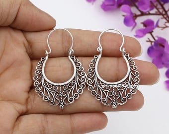 Pendientes de aro de plata de ley con filigrana, estilo boho vintage
