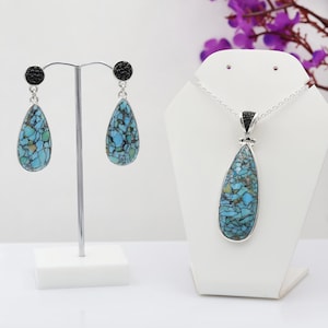 Turquoise Necklace and Earrings Set, Sterling Silver Jewelry, December Gemstone Jewelry, Women&#39;s Necklace and Earrings, Best Gift for Her