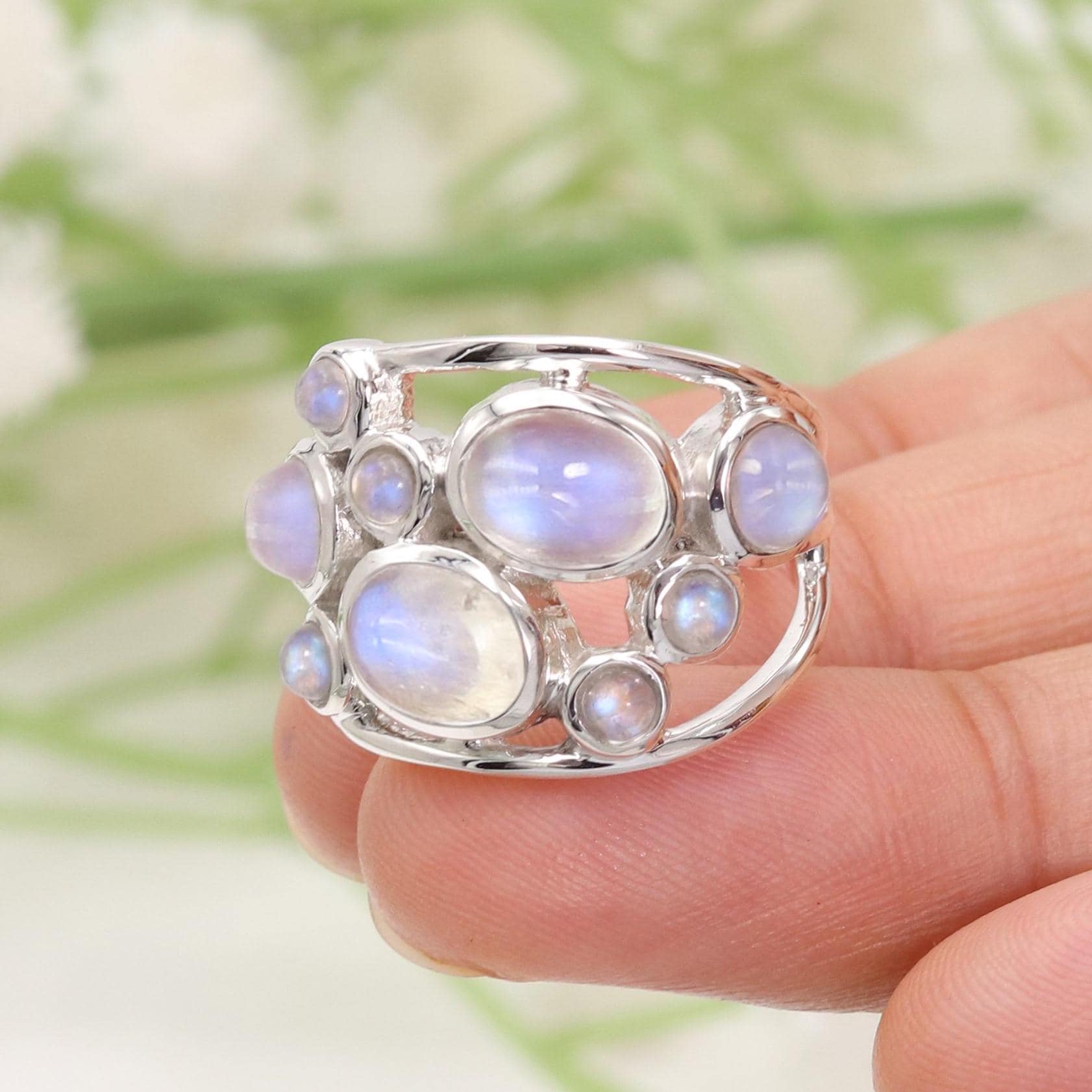 レインボームーンストーンリング、スターリングシルバーリング、女性用