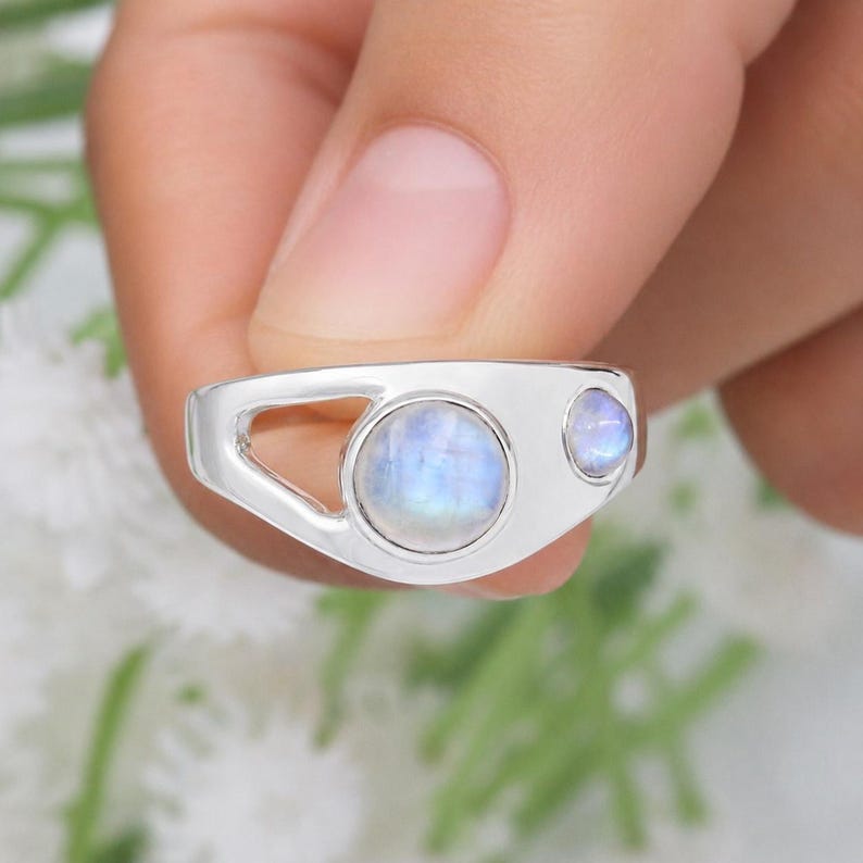 Rainbow Moonstone Ring, Two Stone Ring, Sterling Silver Rings, Statement Ring, Gemstone Ring, June Birthstone Ring, Ring For Her, Gift Ring
