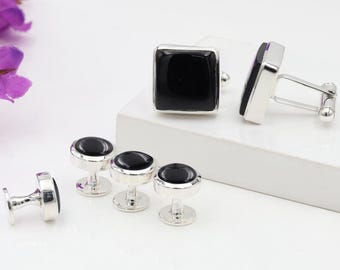 オニキス タキシード カフスボタン & スタッドセット、シルバートーン