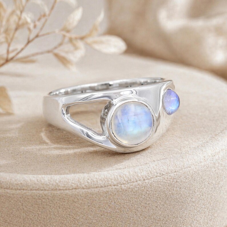 Rainbow Moonstone Ring, Two Stone Ring, Sterling Silver Rings, Statement Ring, Gemstone Ring, June Birthstone Ring, Ring For Her, Gift Ring