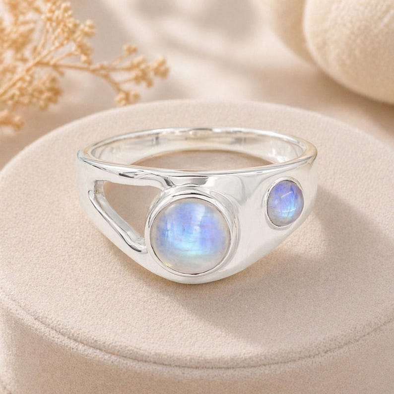 Rainbow Moonstone Ring, Two Stone Ring, Sterling Silver Rings, Statement Ring, Gemstone Ring, June Birthstone Ring, Ring For Her, Gift Ring