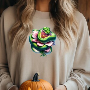 GROEN PYTHON-SHIRT - shirt slang en bloem, shirt met lange mouw, bloemenslang shirt als cadeau, shirt exotische slang, shirt bloemenslang grafisch