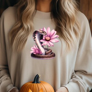 EXOTISCH SNAKE-SHIRT - Flower Snakes T-shirt met lange mouwen, shirt slangenliefhebber, shirt met comfortkleuren, shirt slang en bloem, shirt met slangenprint