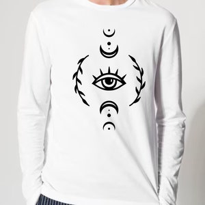 Koszulka z długim rękawem Mystical Evil Eye with Moon, koszulka okultystyczna, koszulka niebiańska, koszulka kryształowa, koszulka słońce i księżyc, koszulka niebiańska, mistyczne oko