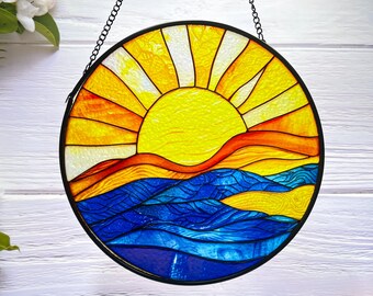 Stained Glass Sunset,Sun Suncatcher,Beach Sunset,Window Hanging,Indoor Decor,Sunset Catcher,Mother's Day Ornament Gift Idea Memorial Gift