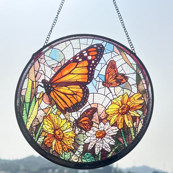 Stained Glass Suncatcher Daisy Monarch Butterfly  Indoor Decor Wall Art Best Gift for Butterfly  Lovers Ornament Idea Memorial  Gift