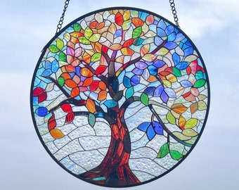 Árbol de la vida vidrieras Suncatcher decoración interior arte de la pared celebrando las cuatro estaciones ornamento idea regalo conmemorativo ventana colgante