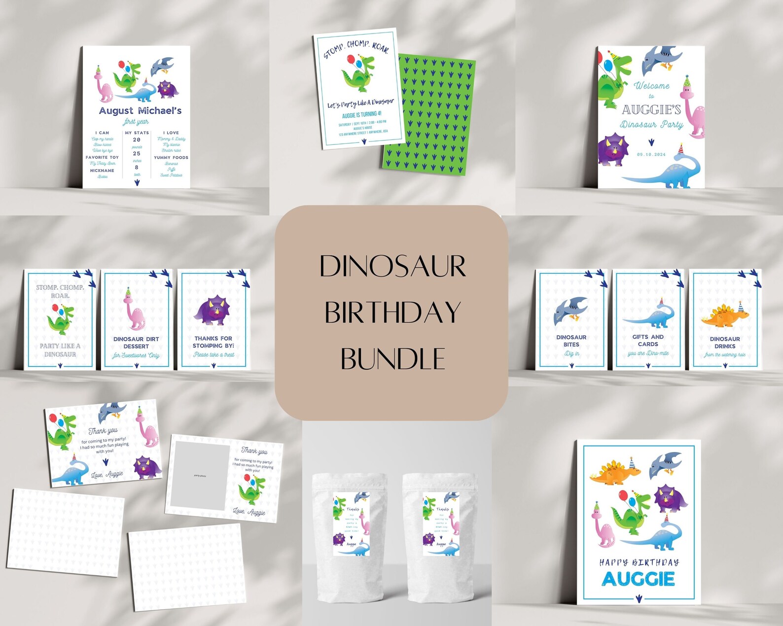 Dinosaur Birthday Party Invitation Bundle, Modern Printable Boy Invite ...