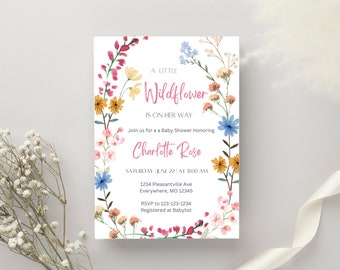 Modello di invito per baby shower di fiori di campo, invito per baby shower di fiori di campo, baby shower floreale, bambino in fiore, baby shower per ragazza, modificabile