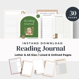 May include: A collection of printable reading journals with a green cover featuring an owl reading a book. The journals include lined and unlined pages, reading trackers, and a book list. The text on the cover says "Reading Journal".