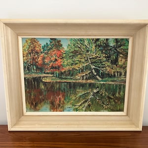 Original vintage landscape painting, oil on canvas board, framed artwork