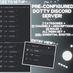 Puede incluir: Una captura de pantalla de una configuración de servidor de Discord con el texto "PRE-CONFIGURED DOTTY DISCORD SERVER!" y una lista de características que incluyen 7 categorías, 41 canales, 60 roles, todos los permisos establecidos y más de 200 emojis esenciales.