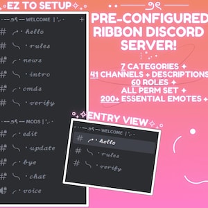 Förkonfigurerad Ribbon Discord Server-mall | för streaming | Spel | Innehållsskapande | Studier | Fans | Direktnedladdning | GRATIS emotes
