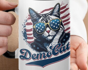 DemoCat Mug, Democrat Election Mug, Cool Patriotic Cat With Sunglasses Mug, Childless Cat Lady, Proud Democrat
