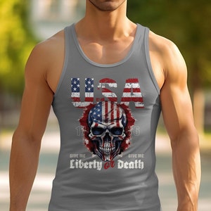 American Flag Skull T-Shirt: Patriotic Graphic Tee Grey Triblend