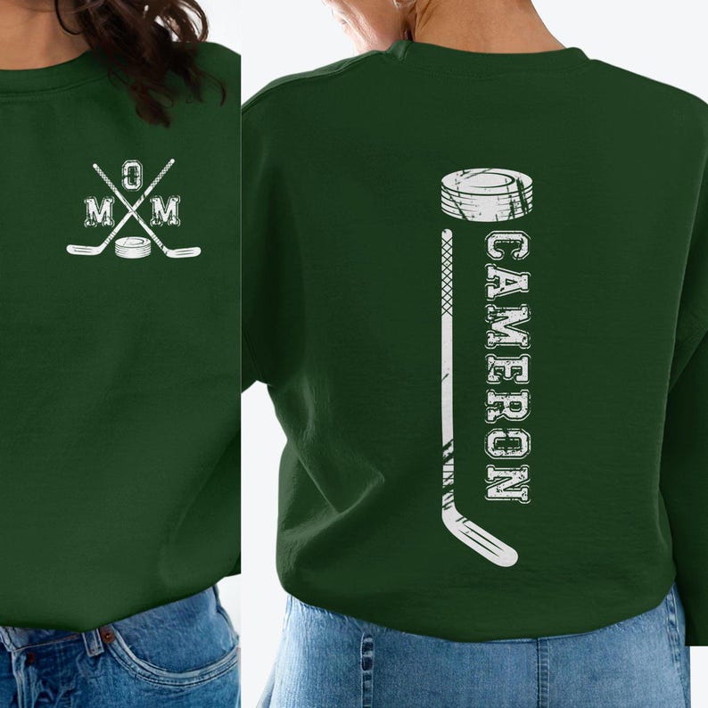 Hockey Mom Personalized Sweatshirt, Custom Name or Number, Mom with Hockey sticks and Puck on Front, Number, Name and Hockey stick on Back