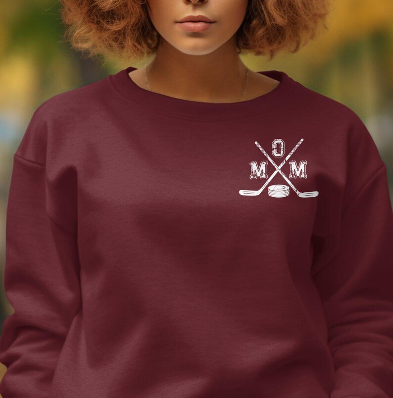 Hockey Mom Personalized Sweatshirt, Custom Name or Number, Mom with Hockey sticks and Puck on Front, Number, Name and Hockey stick on Back