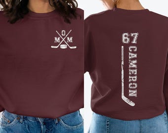 Personalisiertes Hockey Sweatshirt, personalisiertes Sweatshirt mit Spielername / Nummer, Vorder- und Rückseitendesign, Geschenk für Hockey Moms, Hockey Team Ausrüstung