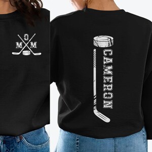 Hockey Mom Personalized Sweatshirt, Custom Name or Number, Mom with Hockey sticks and Puck on Front, Number, Name and Hockey stick on Back