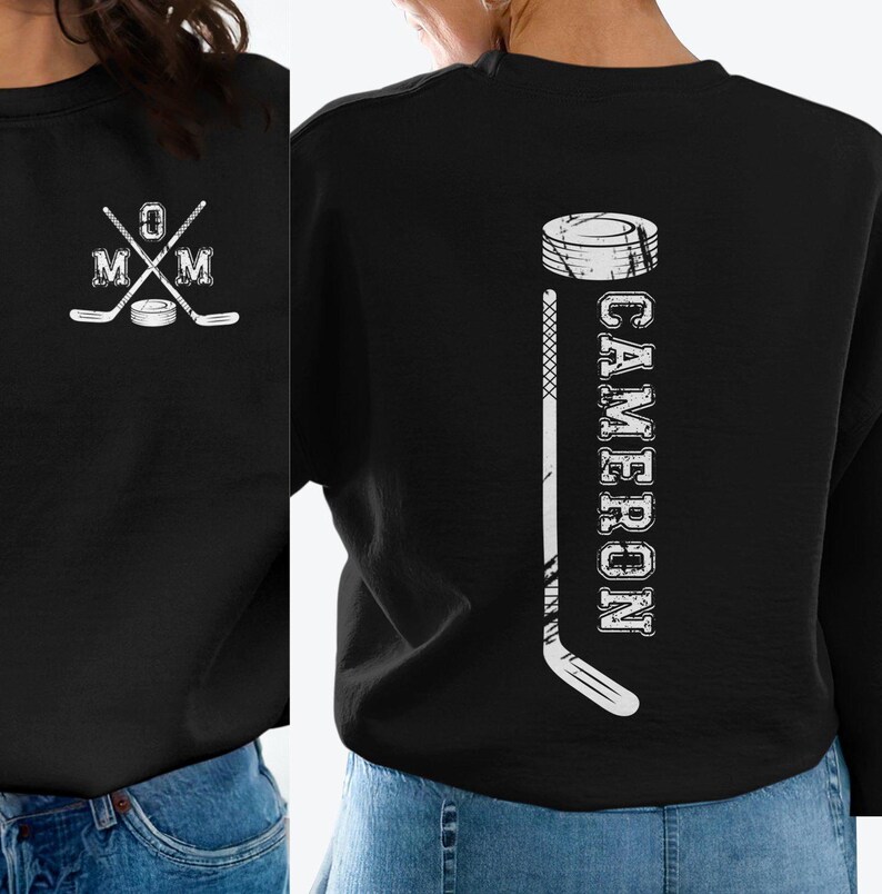 Hockey Mom Personalized Sweatshirt, Custom Name or Number, Mom with Hockey sticks and Puck on Front, Number, Name and Hockey stick on Back