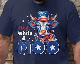Koszulka z motywem krowy w stylu „Czerwono-Biały Moo” w stylu patriotycznym, koszulka z motywem zwierząt z farmy w stylu amerykańskim