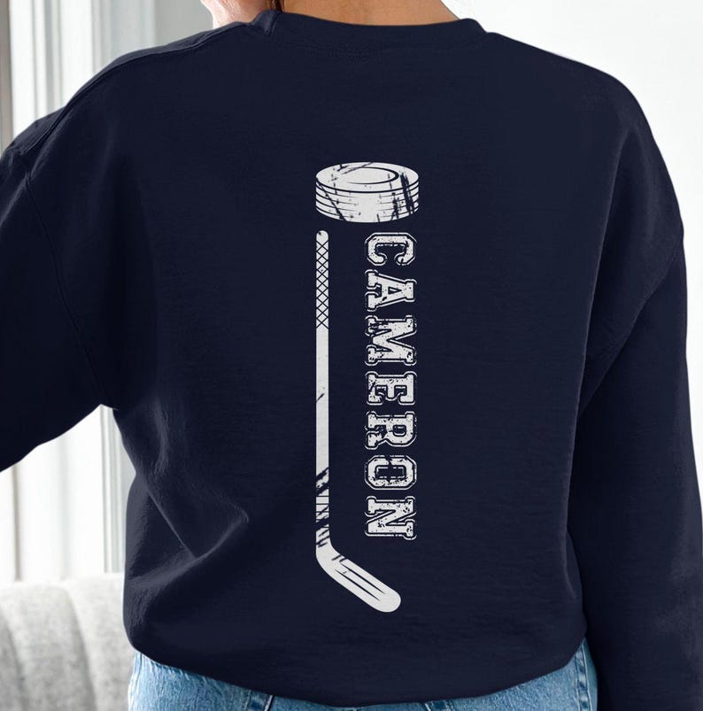 Hockey Mom Personalized Sweatshirt, Custom Name or Number, Mom with Hockey sticks and Puck on Front, Number, Name and Hockey stick on Back