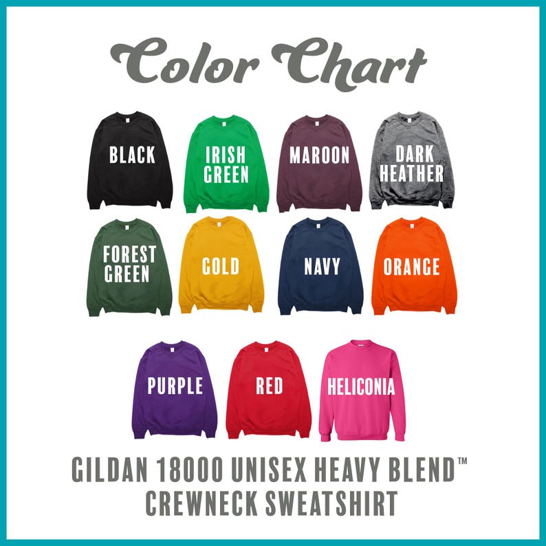 Op de afbeelding: Kleurenkaart met verschillende kleuren Gildan 18000 Unisex Heavy Blend Crewneck Sweatshirts. De kleuren omvatten zwart, Iers groen, bordeauxrood, donker grijs, bosgroen, goud, marineblauw, oranje, paars, rood en heliconia.