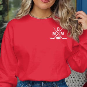 Hockey Mom Personalized Sweatshirt, Custom Name or Number, Mom with Hockey sticks and Puck on Front, Number, Name and Hockey stick on Back