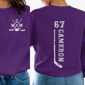 Hockey Mom Personalized Sweatshirt, Custom Name or Number, Mom with Hockey sticks and Puck on Front, Number, Name and Hockey stick on Back