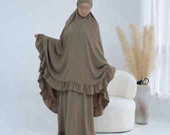 2 Piece Prayer Set Abaya Khimar | Ruffle Trim Crinkle Polyester Modest Wear