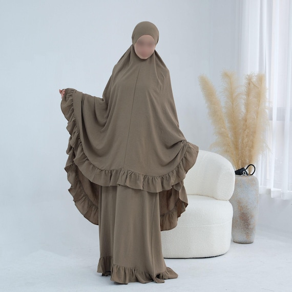 2 Piece Prayer Set Abaya Khimar | Ruffle Trim Crinkle Polyester Modest Wear