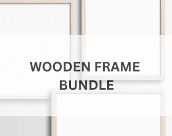 May include: Three white picture frames with a natural wood finish. The frames are arranged in a staggered pattern. The text "WOODEN FRAME BUNDLE" is displayed in the center of the image.