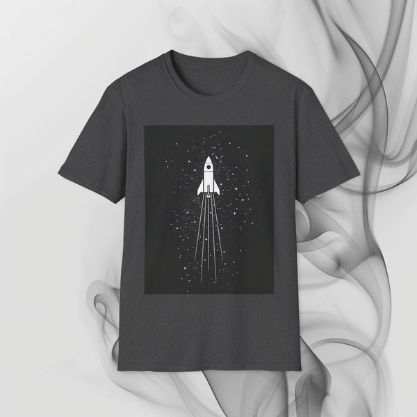 Starry Night Rocket Launch Tee - Cosmic Exploration Graphic T-Shirt, Unisex Soft Cotton, Ethical Fashion, Monochrome Design