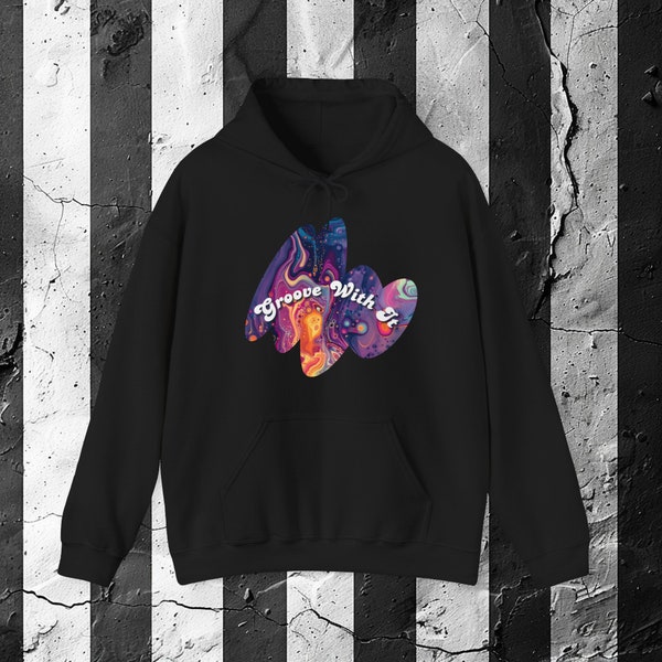 Groove With It Psychedelic Art Hoodie  Unisex Heavy Blend with Groovy Back Print, Soft & Warm, Ethical Fashion