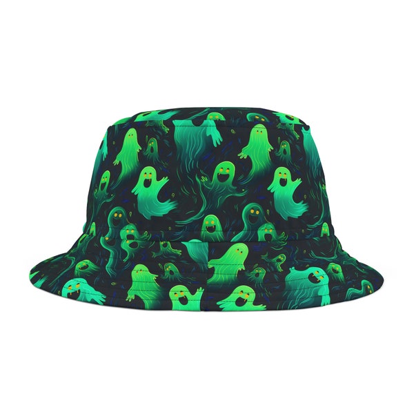 Neon Green Plasma Ghost Bucket Hat, Spooky Rave Accessory, Glow-in-the-Dark Spirit Print, Hauntingly Stylish Headwear, Eerie Festival Gear