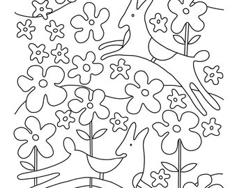 Könnte beinhalten: Eine Schwarzweiß-Zeichnung von zwei stilisierten Tieren mit einem Schmetterling und Blumen. Die Tiere befinden sich in einem Blumenfeld.