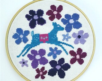 Retro Sixties Style Deer in the Wildflowers Flowers Cross Stitch Digital Download Pattern