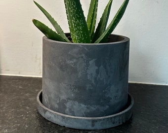 Modern Cement Planter 6” with drainage hole with tray-charcoal