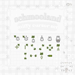 May include: A collection of pixelated cursor icons, including bunnies, clovers, and other symbols. The text "schmooland miffy cursor set" is displayed at the top. The background is a white grid with decorative lace.