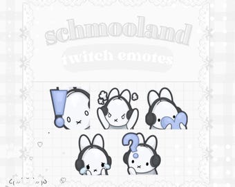 Fones de ouvido de coelho nas cores branco, cinza e azul. 5 emotes de coelho para Twitch, YouTube e transmissões ao vivo. Emotes kawaii, fofos e estéticos.