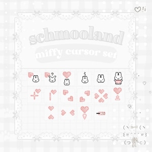 May include: A digital art set featuring pixelated cursor designs. The set includes various icons such as hearts, bunnies, and cross shapes in shades of pink and white. The text "schmooland miffy cursor set" is displayed at the top.