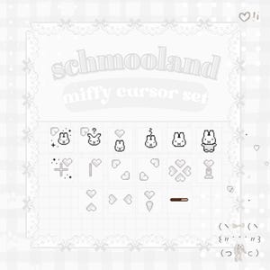 Puede incluir: Colección de iconos de cursor pixelados en blanco y negro, con diseños de conejos y corazones. El texto "schmooland miffy cursor set" se muestra en la parte superior. Los iconos están dispuestos sobre un fondo de cuadrícula blanca.
