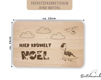 Hier krümelt Frühstücksbrettchen personalisiert, Krümelbrett, Holzbrettchen für Kinder, Brotbrett mit Dino Motiv, Versperbrett, Brettchen