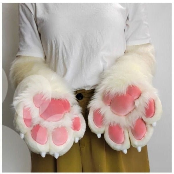 Beige Cat Furry Cosplay Paws With Claws, Cat Furrysuit Fluffy Paws With Nails, Cream White Cat Kemono Paws