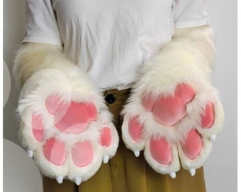 Beige Cat Furry Cosplay Paws With Claws, Cat Furrysuit Fluffy Paws With Nails, Cream White Cat Kemono Paws