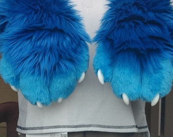 Blue Puffy Furrysuit Cosplay Paws With Claws, Blur Furry Fluffy Paws With Nails, Blue Fursuit Kemono Paws